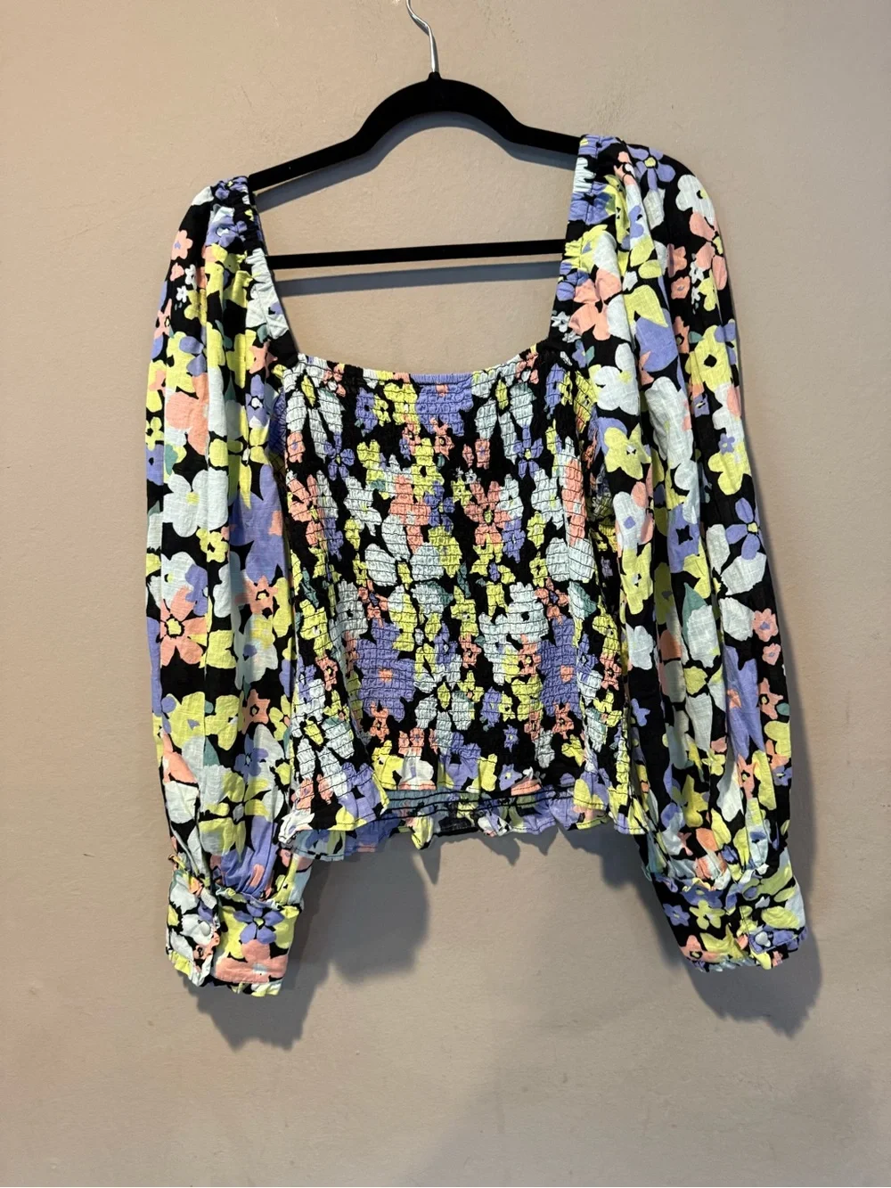 Free People Black Floral Smocked Square-Neck Top